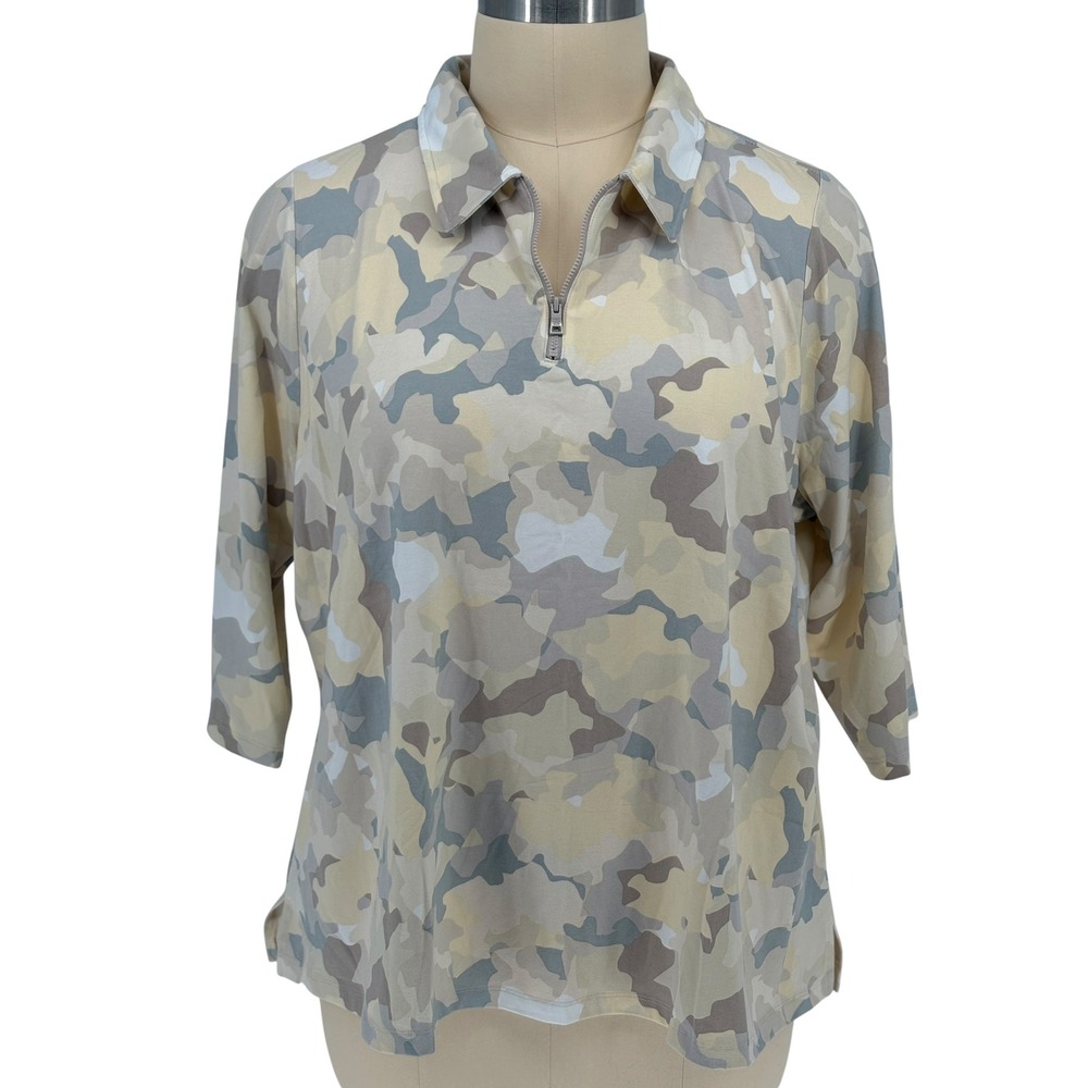 Isaac Mizrahi Live Top Camo Quarter Zip 3/4 Sleeve Multi 3X